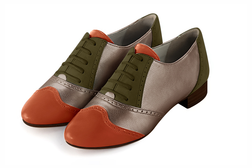 Terracotta orange, bronze gold and khaki green women's fashion lace-up shoes. Round toe. Flat leather soles. Front view - Florence KOOIJMAN